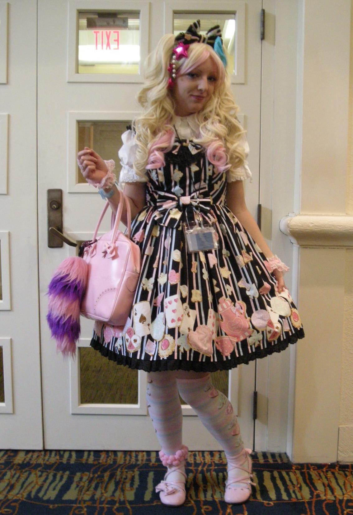Blonde Lolita wearing White Opaque Stockings and Colored Short Dress